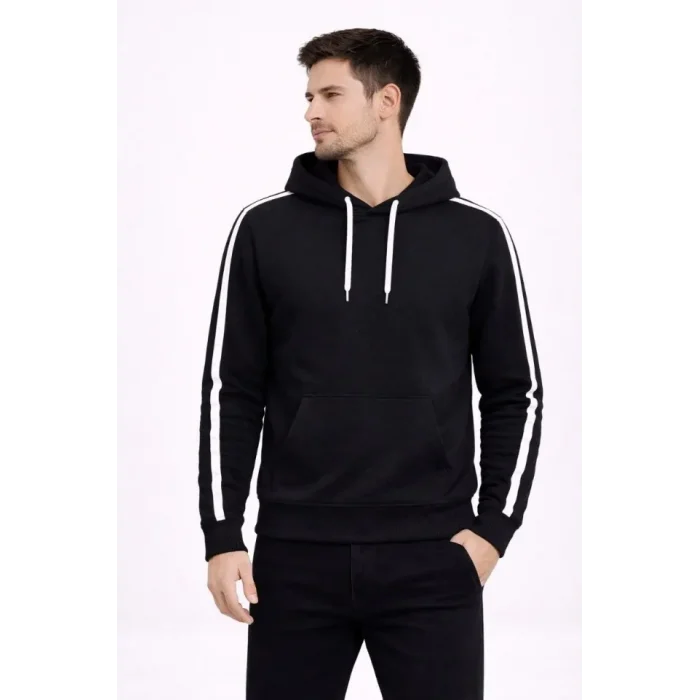 Erkek Şeritli Kapüşonlu Sweatshirt Oversize 3 Iplik Pamuklu - Siyah