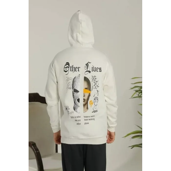 Erkek Sırt Baskılı Oversize Üç İplik Kapüşonlu Sweatshirt - Beyaz