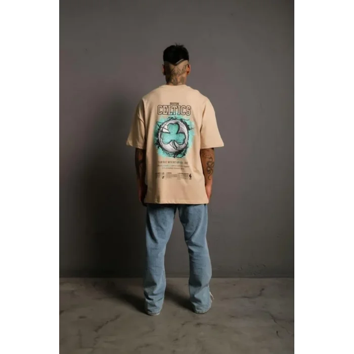 Erkek Sırt Baskılı T-shirt - Bej