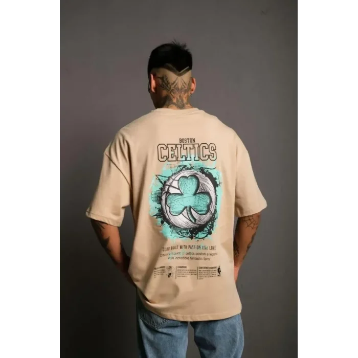 Erkek Sırt Baskılı T-shirt - Bej