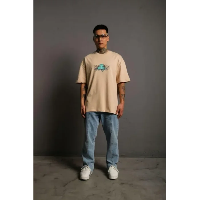 Erkek Sırt Baskılı T-shirt - Bej