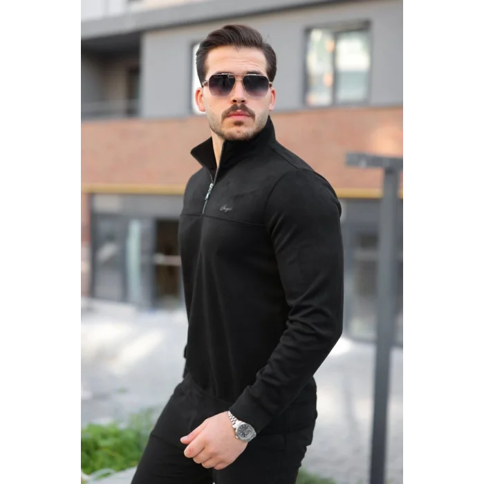 Erkek Süet Yarım Fermuar Dik Yaka Sweat