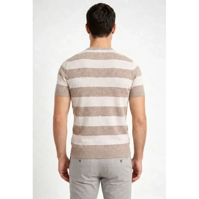 Erkek T-shirt Çizgili Triko Dokuma Bisiklet Yaka Tişört - Bej
