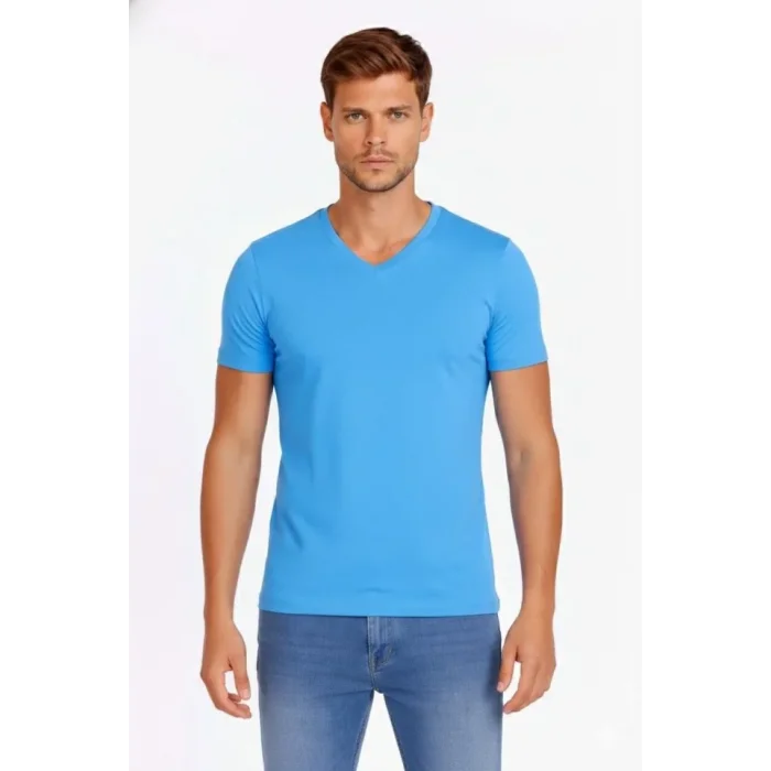 Erkek T-Shirt V Yaka Slim Fit Dar Kesim Likralı Tişört Günlük Basic Body - Açık Mavi