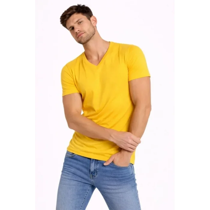 Erkek T-Shirt V Yaka Slim Fit Dar Kesim Likralı Tişört Günlük Basic Body - Limon