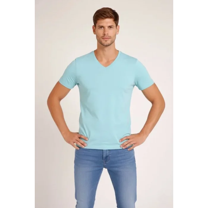Erkek T-Shirt V Yaka Slim Fit Dar Kesim Likralı Tişört Günlük Basic Body - Turkuvaz