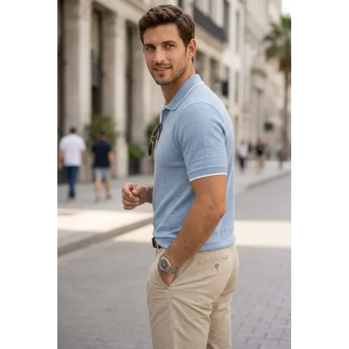Erkek Triko Kumaş Yakalı Düğmesiz Açık Yaka Fitilli Kısa Kollu Regular Fit Tişört T-shirt - Bebek Mavisi
