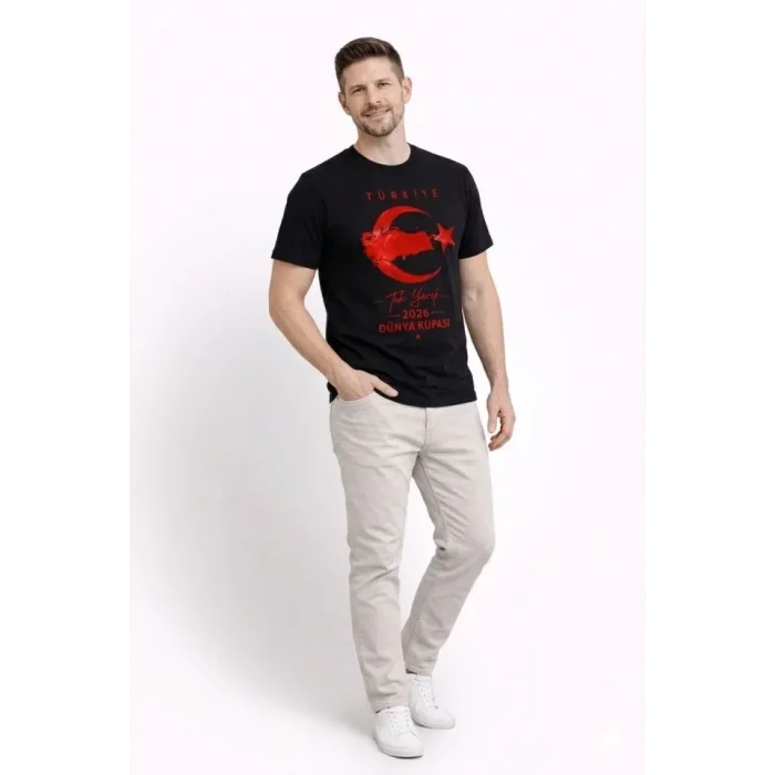 Erkek TÜRKİYE Ay Yıldız Baskılı Taraftar Forma T-Shirt - Siyah