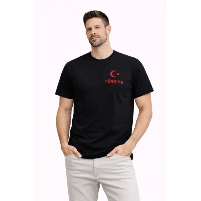 Erkek TÜRKİYE Ay Yıldız Baskılı Taraftar Forma T-Shirt - Siyah