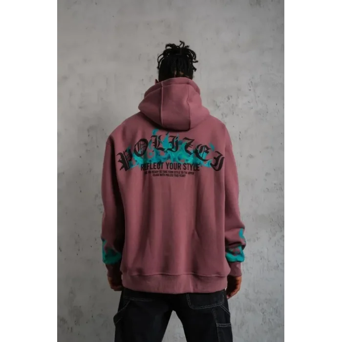 Erkek Üç İplik Içi Pamuklu Alev Baskılı Kapüşonlu Sweatshirt - Gül Kurusu
