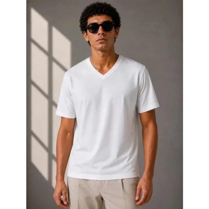 Erkek V Yaka Basic Tişört Kısa Kol Yazlık Regular Fit T-Shirt - Beyaz