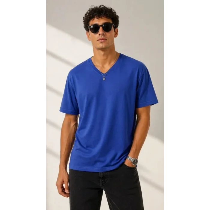 Erkek V Yaka Basic Tişört Kısa Kol Yazlık Regular Fit T-Shirt - Saks Mavisi