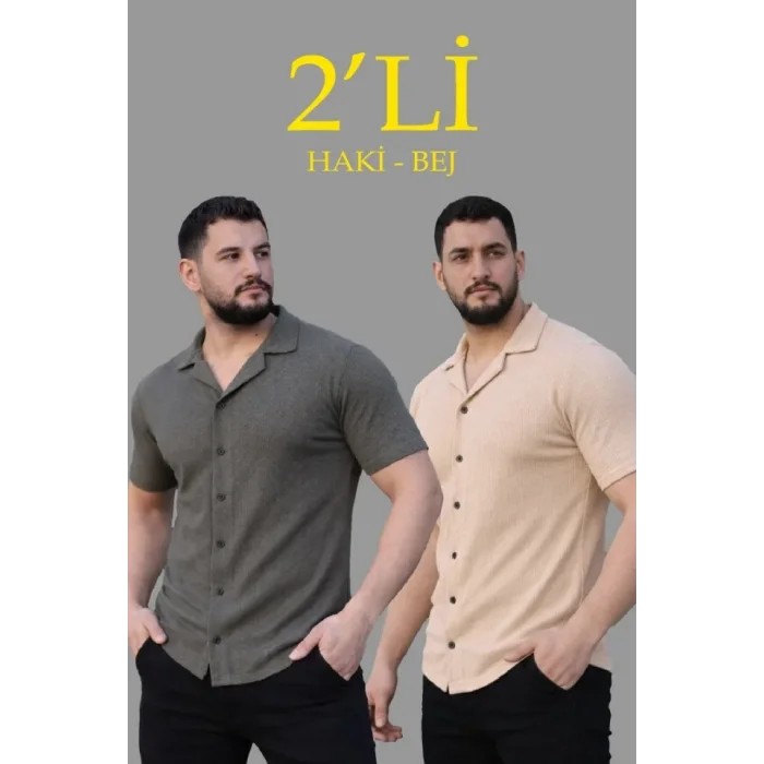 Erkek Waffle Dokuma Açık Yakalı Düğmeli Regular Kalıp 2’li Gömlek Seti - Haki - Bej