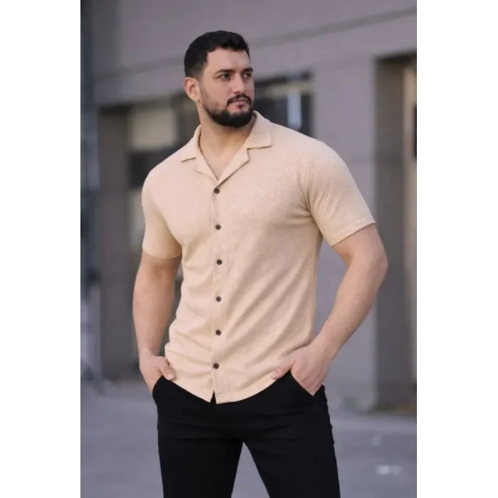 Erkek Waffle Dokuma Açık Yakalı Düğmeli Regular Kalıp 3’lü Gömlek Seti - Bej, Beyaz, Lacivert