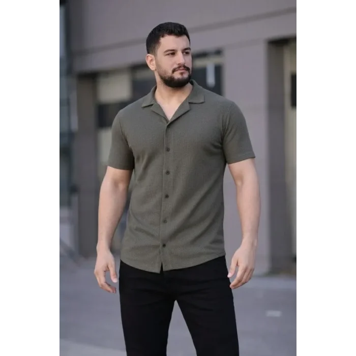 Erkek Waffle Kumaş Kısa Kollu Düğmeli Açık Yaka Regular Fit Gömlek - Haki