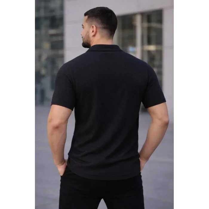 Erkek Waffle Kumaş Kısa Kollu Düğmeli Açık Yaka Regular Fit Gömlek - Siyah