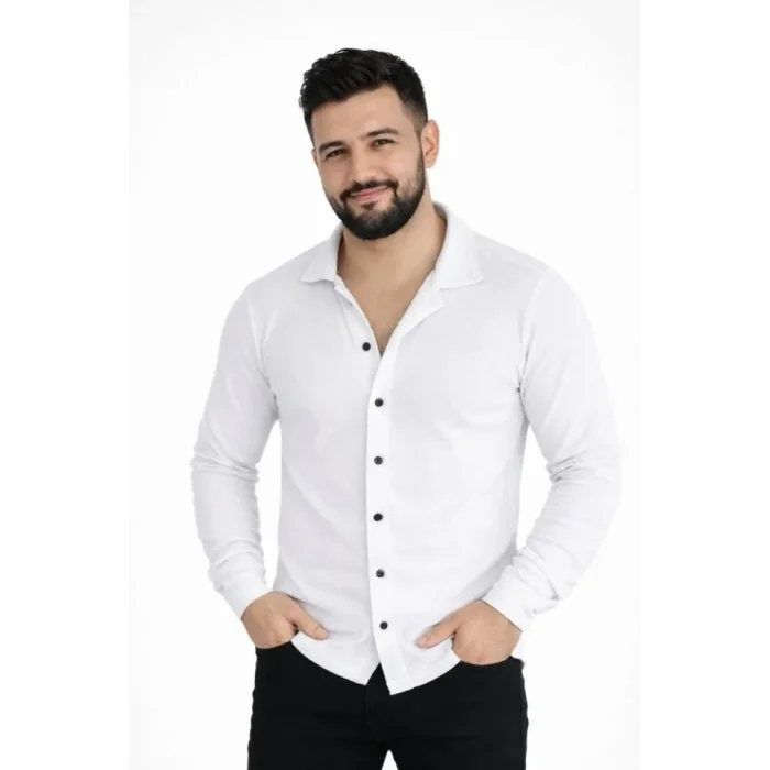 Erkek Waffle Kumaş Uzun Kollu Düğmeli Açık Yaka Regular Fit Gömlek - Beyaz