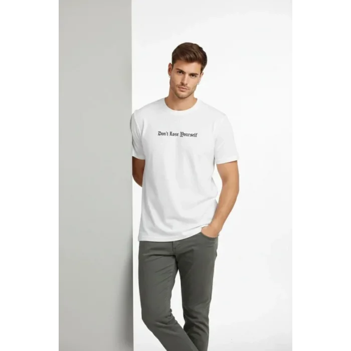 Erkek Wafıl Kumaş Tişört Regular Kalıp Bisiklet Yaka Baskılı Günlük Basic T-Shirt - Beyaz