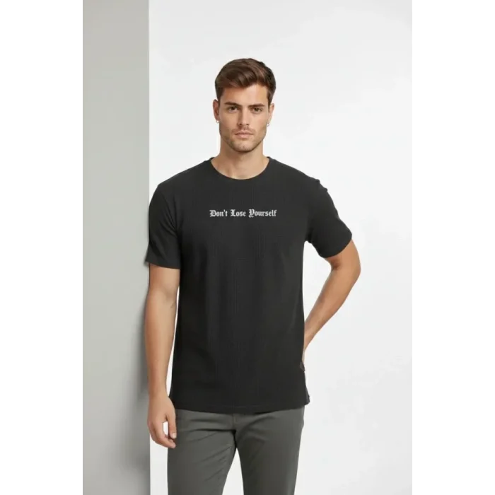 Erkek Wafıl Kumaş Tişört Regular Kalıp Bisiklet Yaka Baskılı Günlük Basic T-Shirt - Siyah