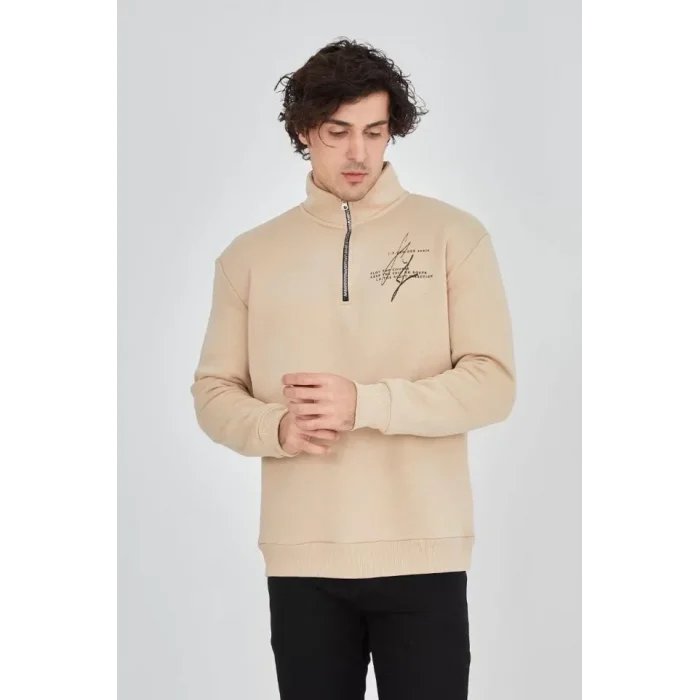 Erkek Yarım Fermuarlı Baskılı Sweat - Bej