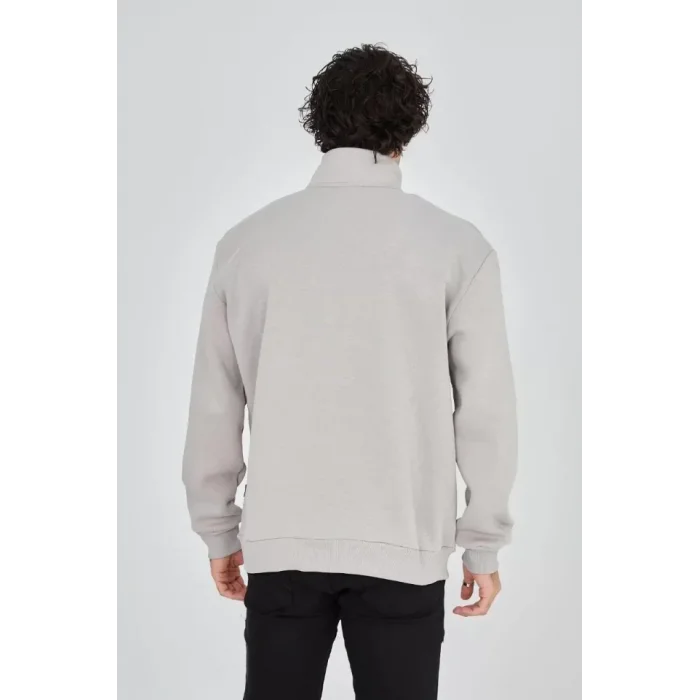 Erkek Yarım Fermuarlı Baskılı Sweat - Boyalı Gri