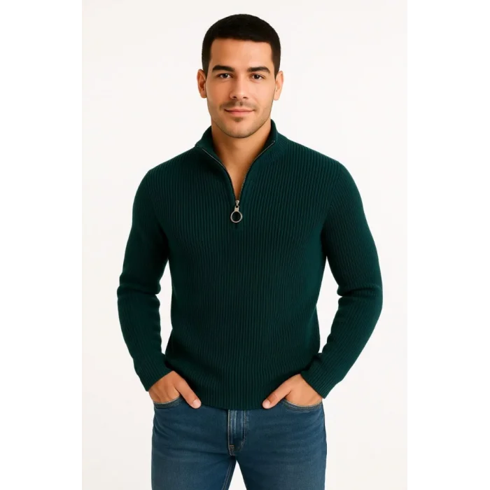 Erkek Yarım Fermuarlı Triko Kazak – Selanik Örgü, Dik Yaka, Pamuklu Dokuma, Regular Fit Uzun Kollu Kışlık Model - Haki