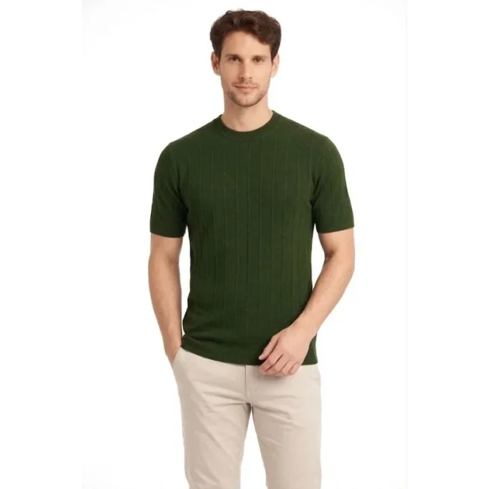 Erkek Yazlık Fitilli Triko Tişört Kısa Kol Bisiklet Yaka T-Shirt - Haki