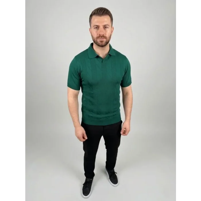 Erkek Yazlık Triko Dokuma Tişört Kısa Kol Polo Yaka T-Shirt - Koyu Yeşil