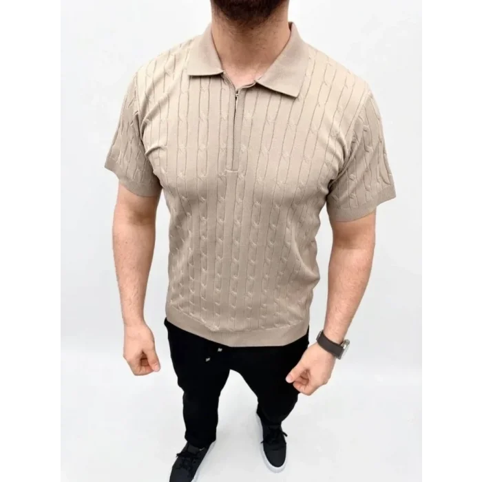 Erkek Yazlık Triko Saç Örgü Tişört Kısa Kol Polo Yaka Fermuarlı T-Shirt - Bej
