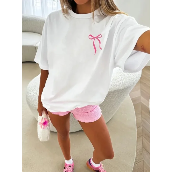 Fiyonk Baskılı Oversize Bisiklet Yaka T-shirt - Beyaz