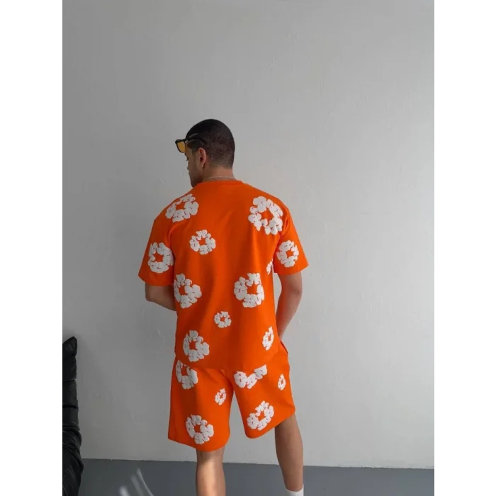 İki İplik Kumaş Baskılı T-shirt Şortlu Takım- Turuncu