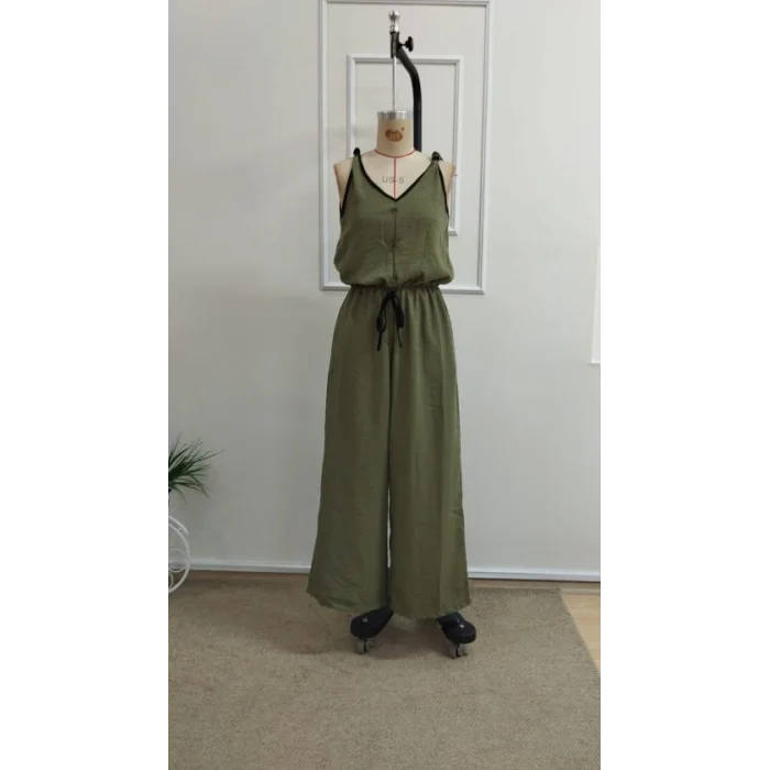 Kadın Askıdan Bağlamalı V Yakalı Belden Süs Bağcıklı Tulum