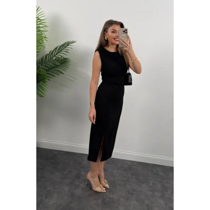 Kadın Askılı Kolsuz Belden Büzgülü Yırtmaçlı Midi Janjan Krep Elbise