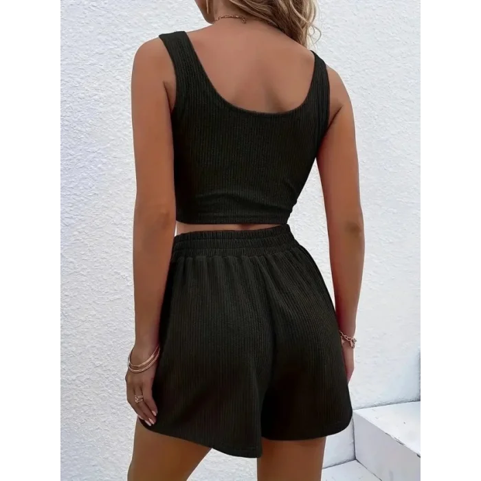Kadın Askılı Yuvarlak Yakalı Burgu Krop Ve Bluz Short Ikili Takım