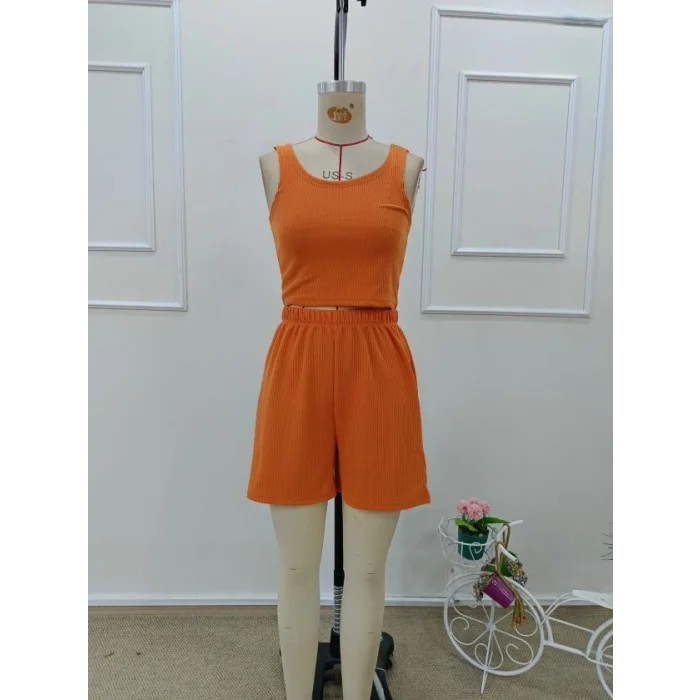 Kadın Askılı Yuvarlak Yakalı Burgu Krop Ve Bluz Short Ikili Takım