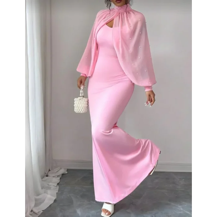 Kadın Balıkçı Yaka İnci Ve Tül Detay Dalgıç Kumaş Maxi Boy Elbise