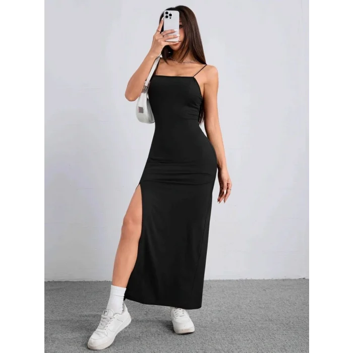 Kadın Ip Askılı Yandan Yırtmaçlı Janjan Krep Elbise