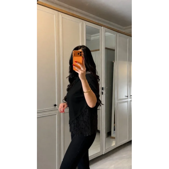 Kadın Kısa Kollu Bisiklet Yakalı Dantel Detaylı Viskon Iki Iplik Bluz