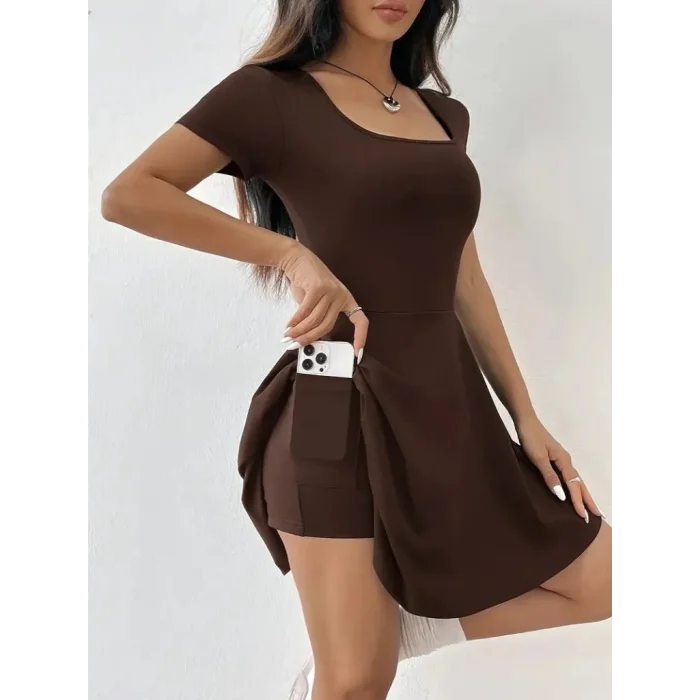 Kadın Kısa Kollu Kare Yaka Short Detaylı Cepli Dalgıç Elbise