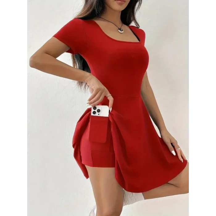 Kadın Kısa Kollu Kare Yaka Short Detaylı Cepli Dalgıç Elbise