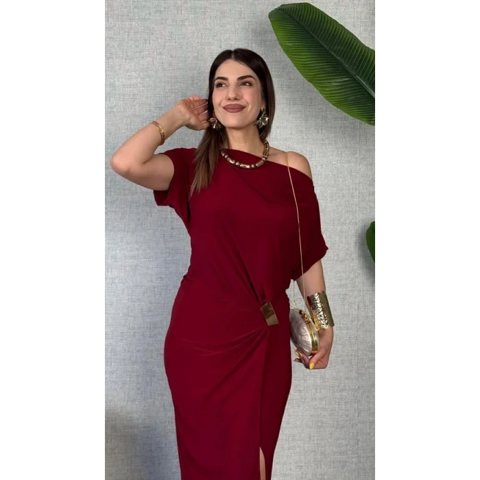Kadın Kısa Kollu Tek Omuzdan Açık Beli Lastikli Sandy Maxi Elbise