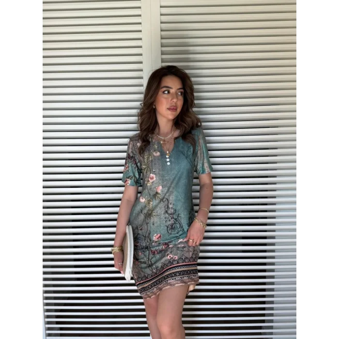 Kadın Kısa Kollu V Yakalı çiçek Baskılı Midi Süprem Elbise