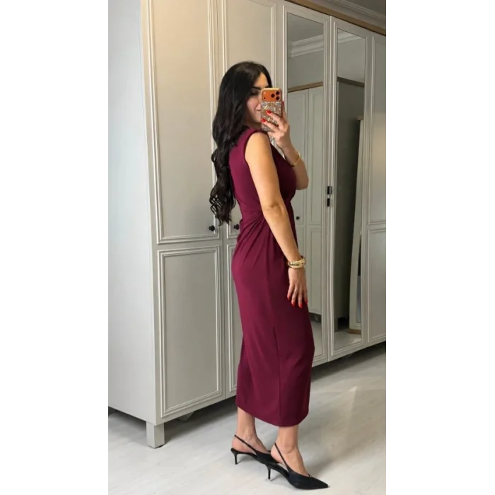 Kadın Kısa Kollu V Yakalı önü Sarmal Detaylı Yırtmaçlı Sandy Midi Elbise