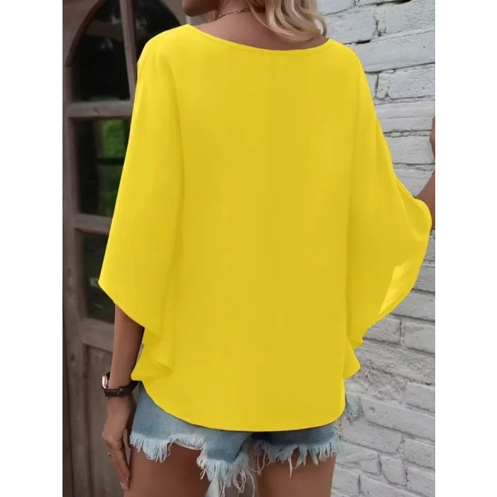 Kadın Kısa Kollu V Yakalı Salaş Viskon Bluz
