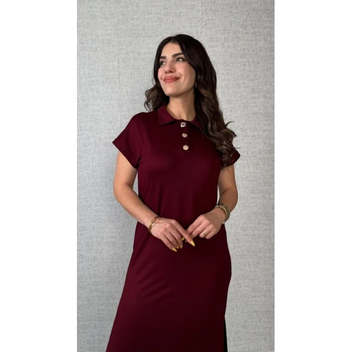 Kadın Kısa Kollu Yakalı Yandan Yırtmaçlı Viskon Iki Iplik Elbise