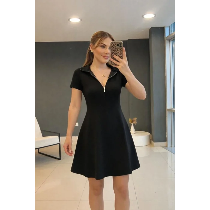 Kadın Kısa Kollu Yakası Fermuarlı Kısa Viskon Iki Iplik Elbise