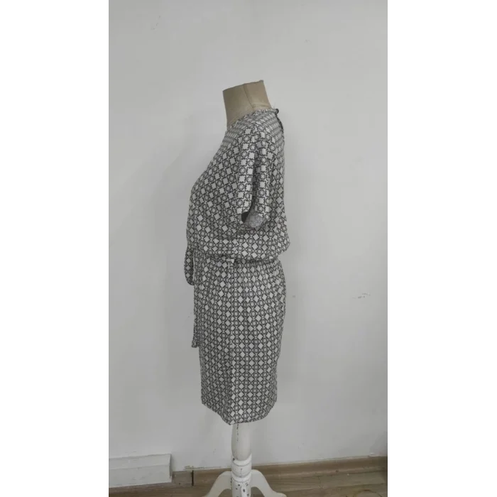 Kadın Kısa Kollu Yuvarlak Yaka Beli Kuşaklı Geometrik Desenli Süprem Elbise