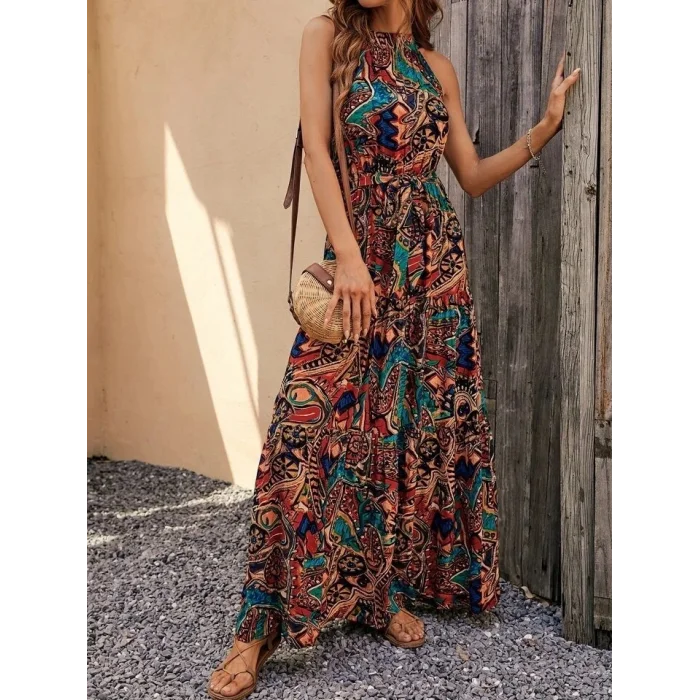 Kadın Kolsuz Halter Yaka Beli Lastikliotantik Desenli Mikro Kumaş Elbise