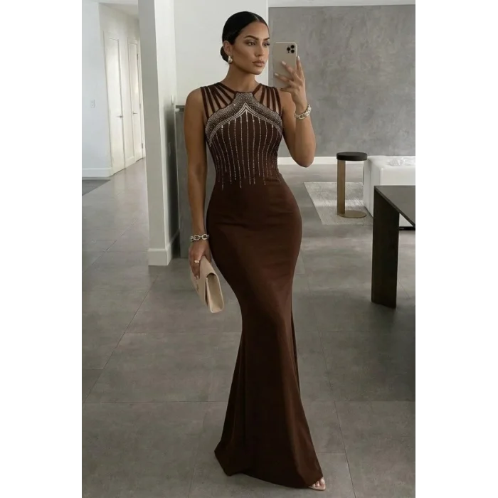 Kadın Omuz çoklu Askılı önü Taş Işlemeli Balık Kesim Janjan Krep Maxi Boy Elbise