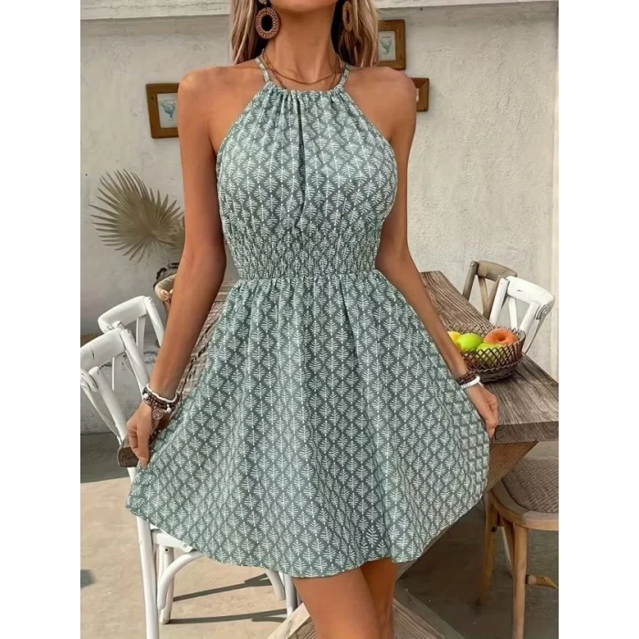 Kadın Omuzlardan Açık Boyun Arkasından Bağcıklı Beli Lastikli Kısa Süprem Elbise
